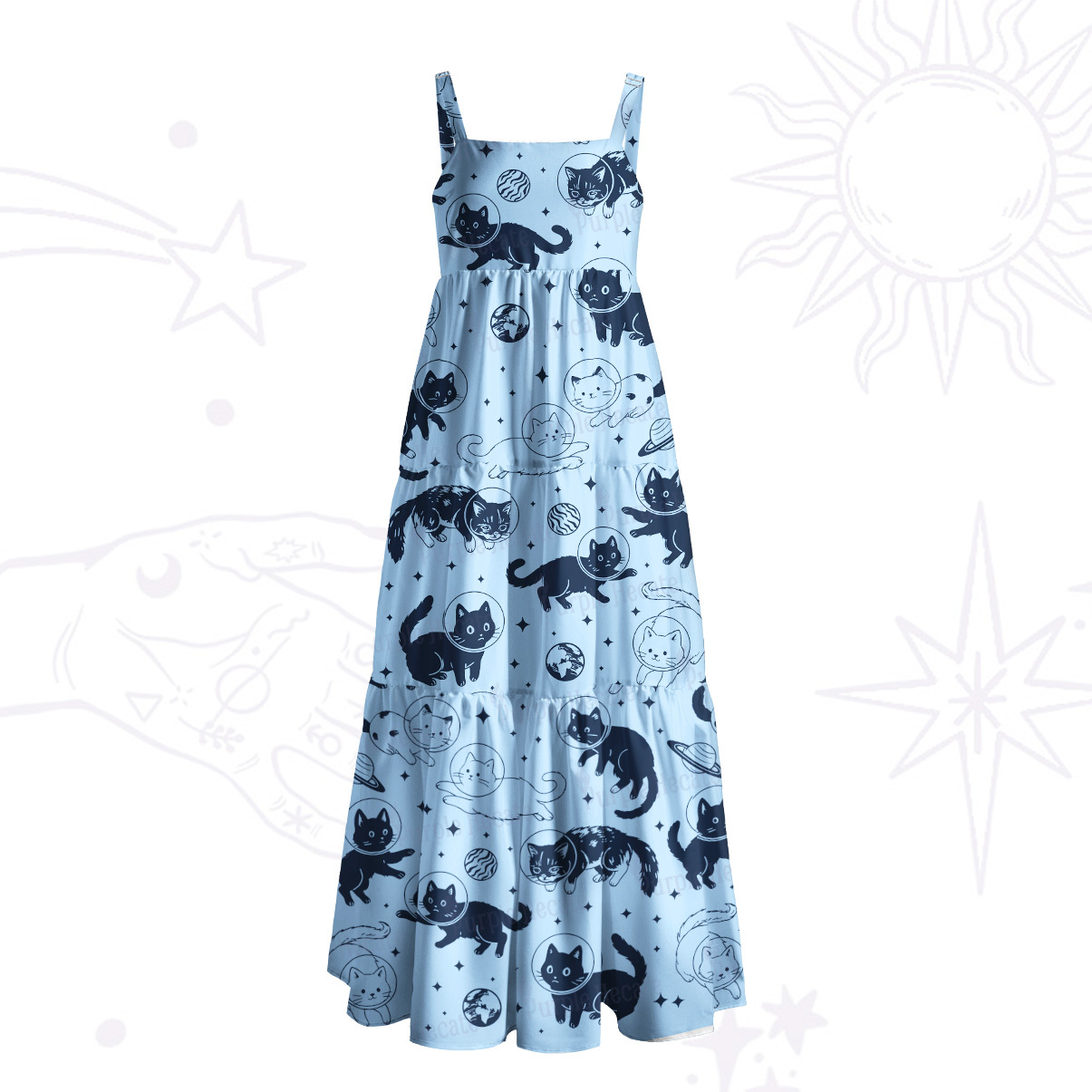 Purplehecate Cats in Space Wide Straps Maxi Dress