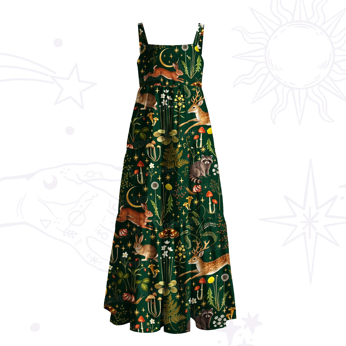 Purplehecate Enchanted Forest Animals Wide Straps Maxi Dress