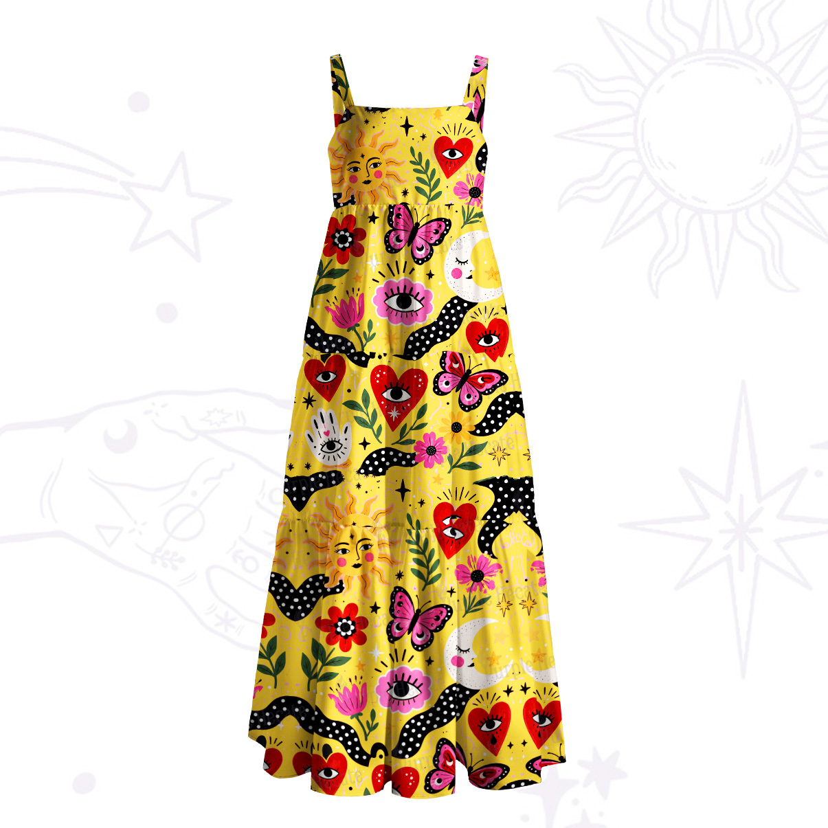 Purplehecate Surreal Eyes and Butterflies Print Wide Straps Maxi Dress