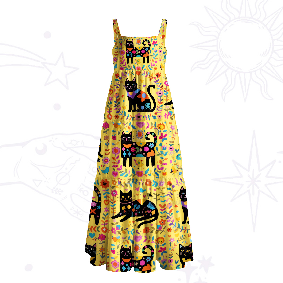 Purplehecate Cute Witchy Black Cat Wide Straps Maxi Dress