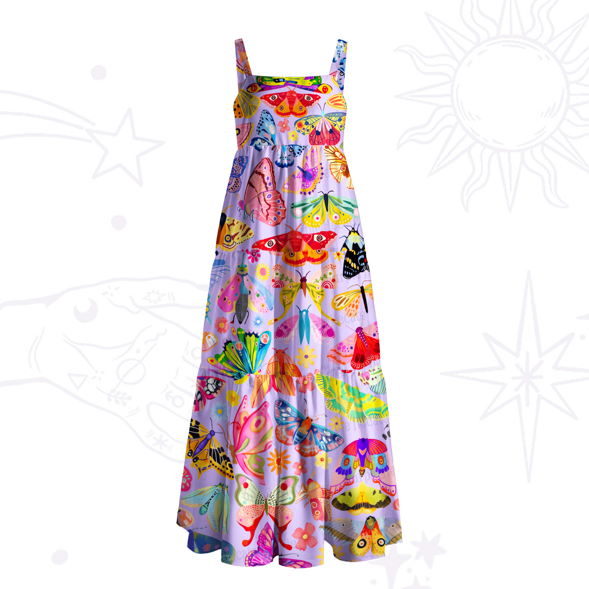 Purplehecate Colorful Moth Garden Cottagecore Wide Straps Maxi Dress