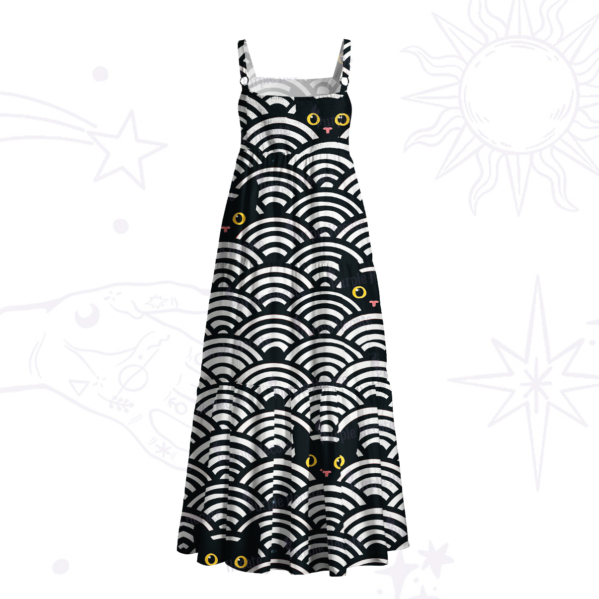 Purplehecate Rainbow Black Cat Waves Wide Straps Maxi Dress