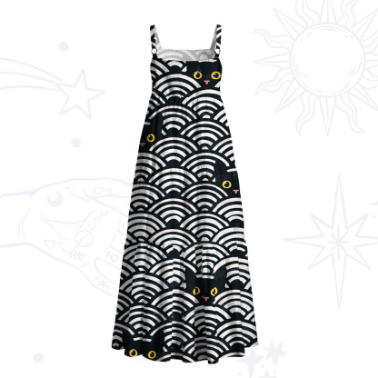 Purplehecate Rainbow Black Cat Waves Wide Straps Maxi Dress