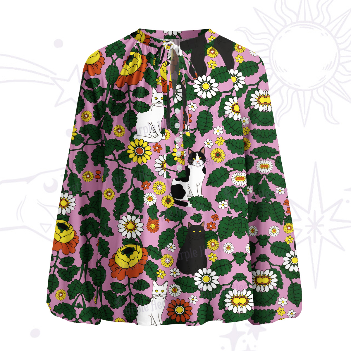 Purplehecate Daisy Cat  Garden Split Neck Tie Blouse