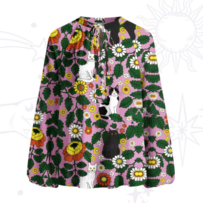 Purplehecate Daisy Cat  Garden Split Neck Tie Blouse