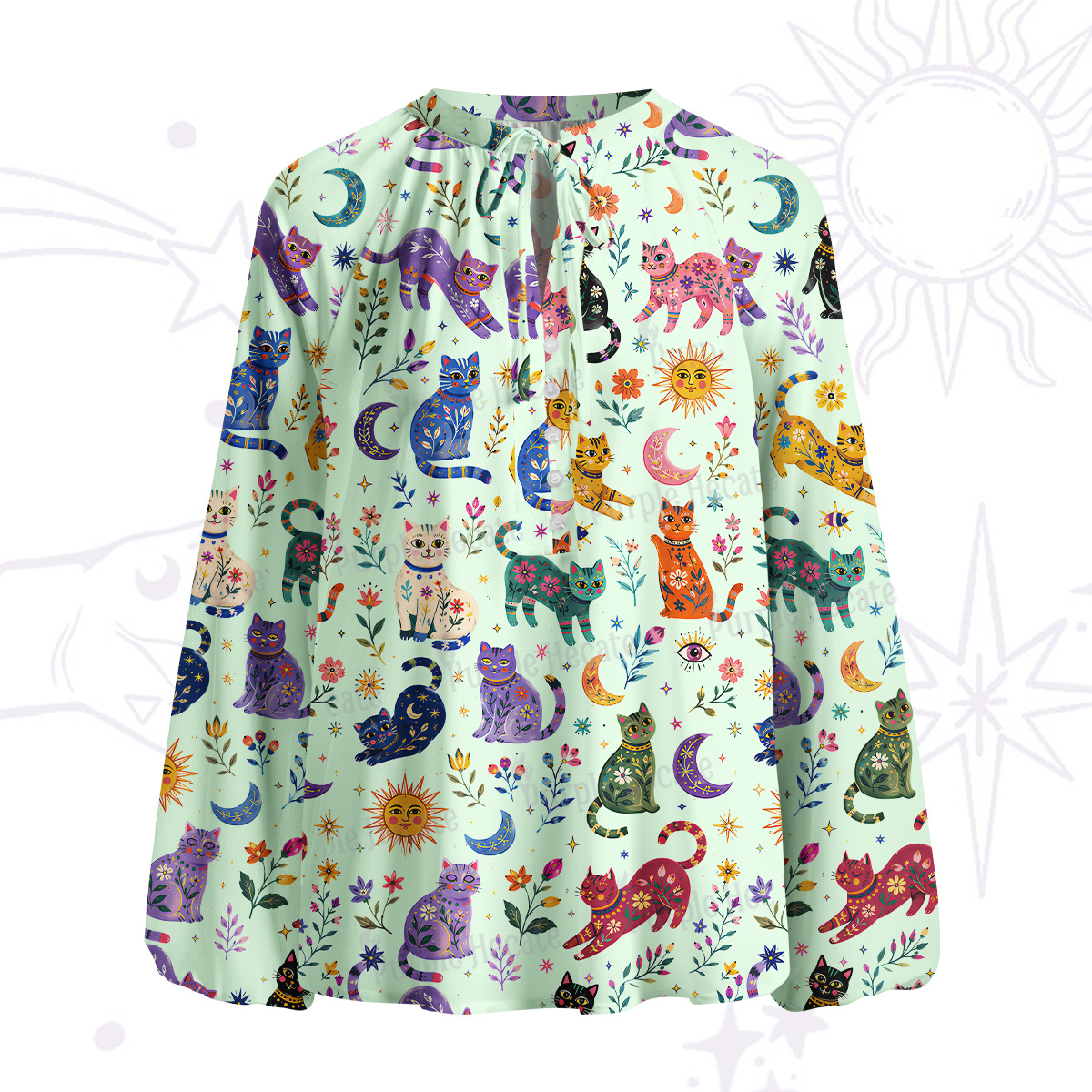 Purplehecate Rainbow Magic Cats Split Neck Tie Blouse