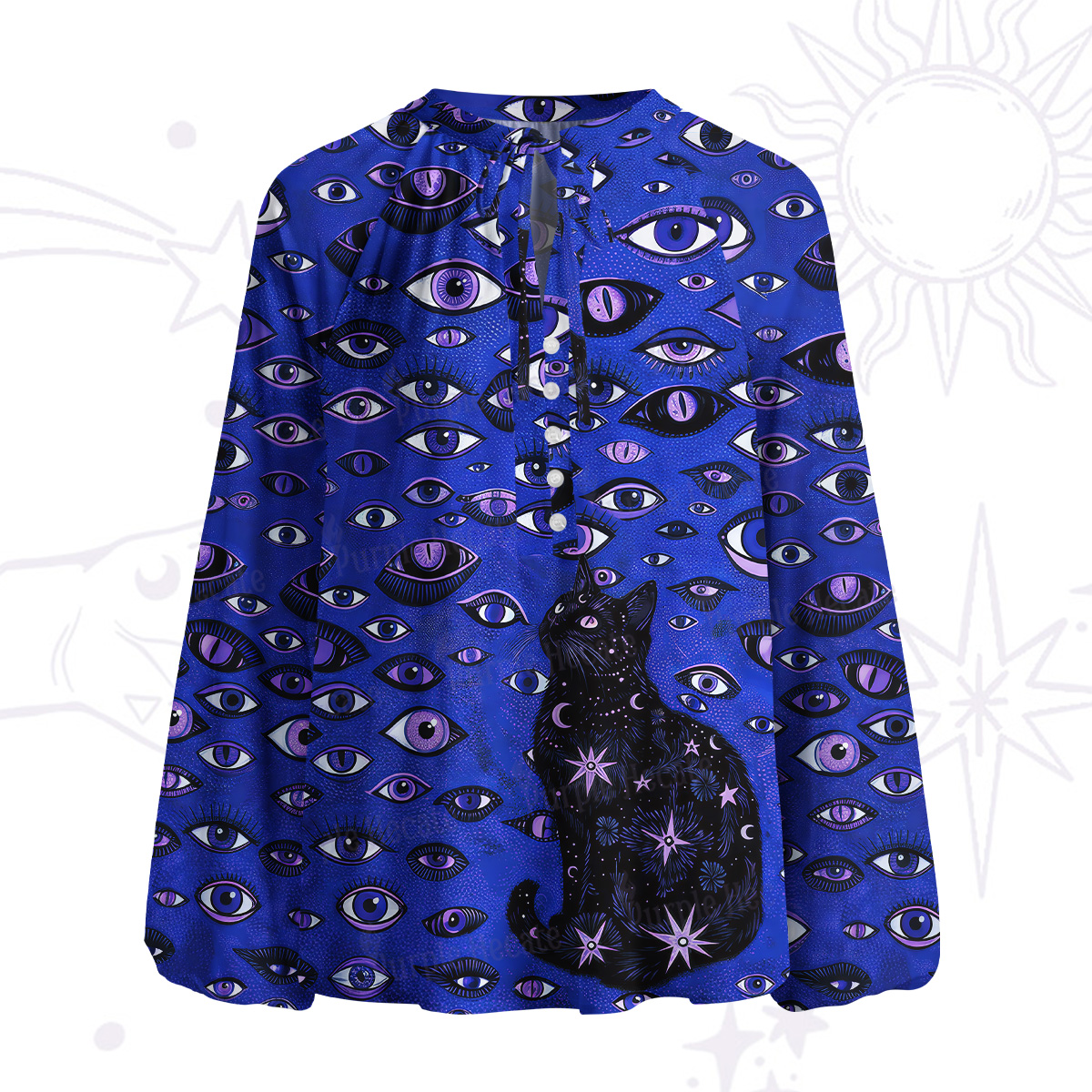 Purplehecate Cosmic Watcher Cat Split Neck Tie Blouse