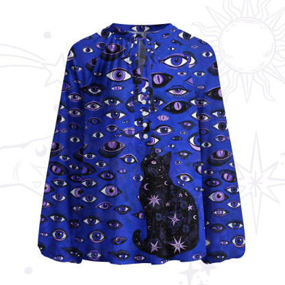 Purplehecate Cosmic Watcher Cat Split Neck Tie Blouse
