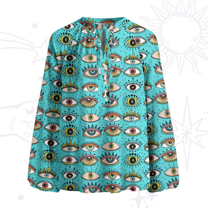 Purplehecate Evil Eye Pattern Split Neck Tie Blouse
