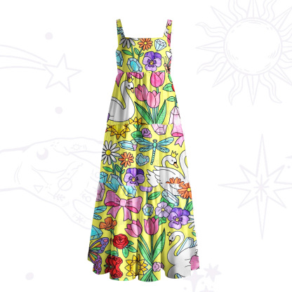 Purplehecate Whimsical Swan Meadow Wide Straps Maxi Dress