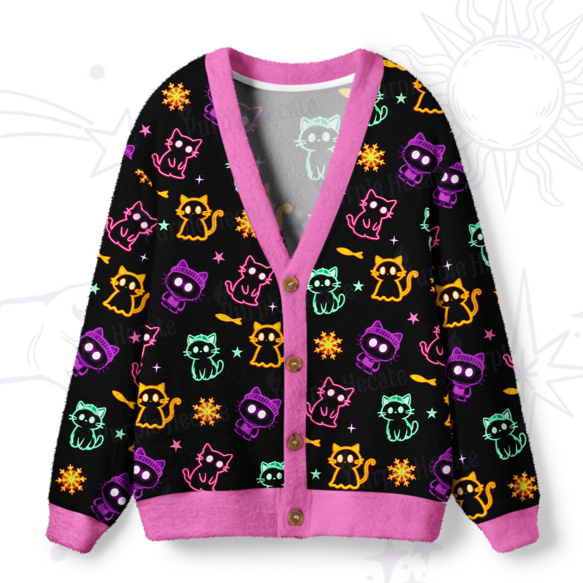 Purplehecate Neon Cat Party Ugly Cardigan Sweaters