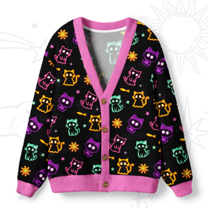 Purplehecate Neon Cat Party Ugly Cardigan Sweaters