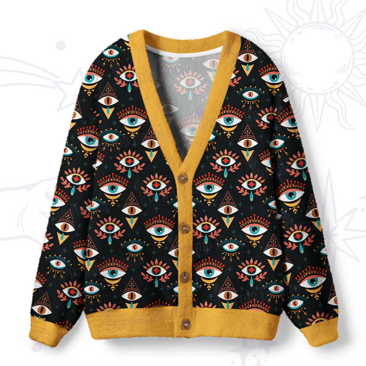 Purplehecate Evil Eye Pattern Ugly Cardigan Sweaters