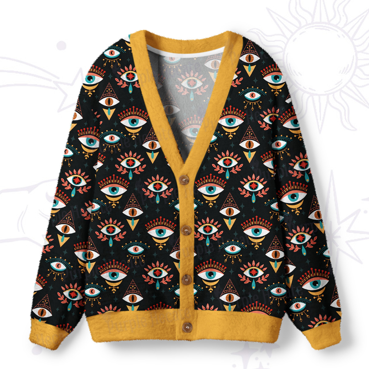 Purplehecate Evil Eye Pattern Ugly Cardigan Sweaters