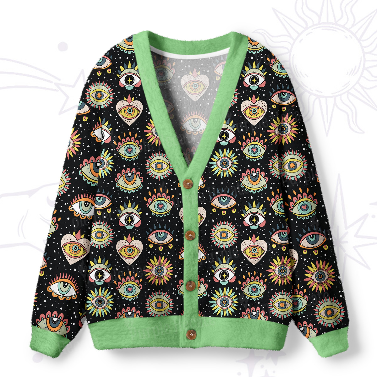 Purplehecate Mystical Evil Eye Pattern Ugly Cardigan Sweaters