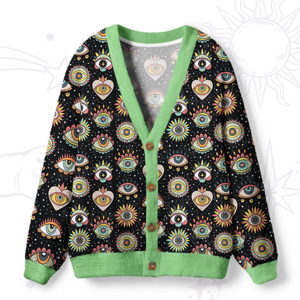 Purplehecate Mystical Evil Eye Pattern Ugly Cardigan Sweaters