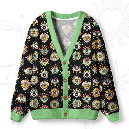 Purplehecate Mystical Evil Eye Pattern Ugly Cardigan Sweaters