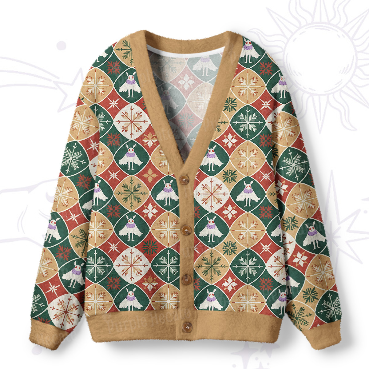 Purplehecate Retro Mothman Snowflake Ugly Cardigan Sweaters