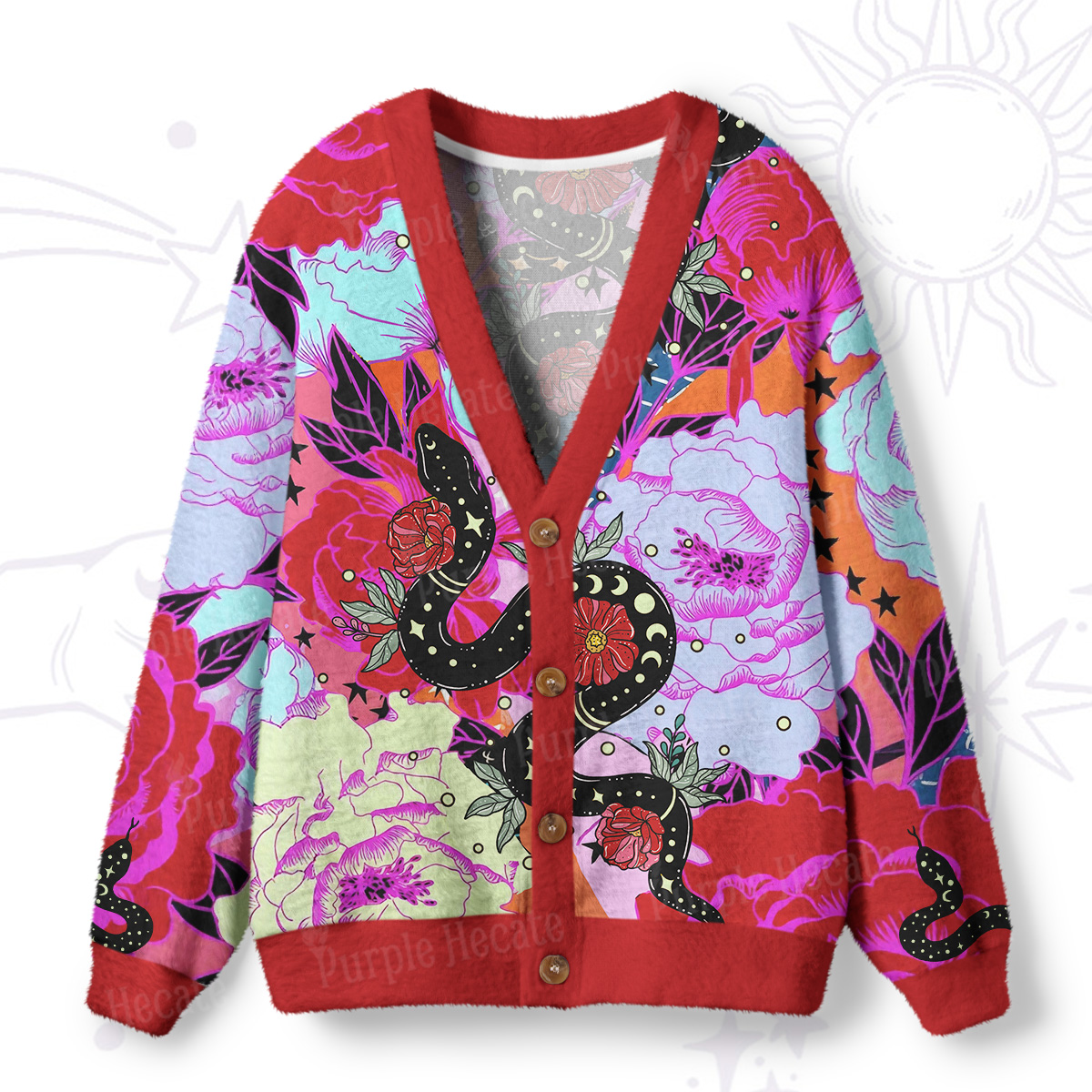 Purplehecate Enchanted Black Serpent & Floral Pattern Ugly Cardigan Sweaters