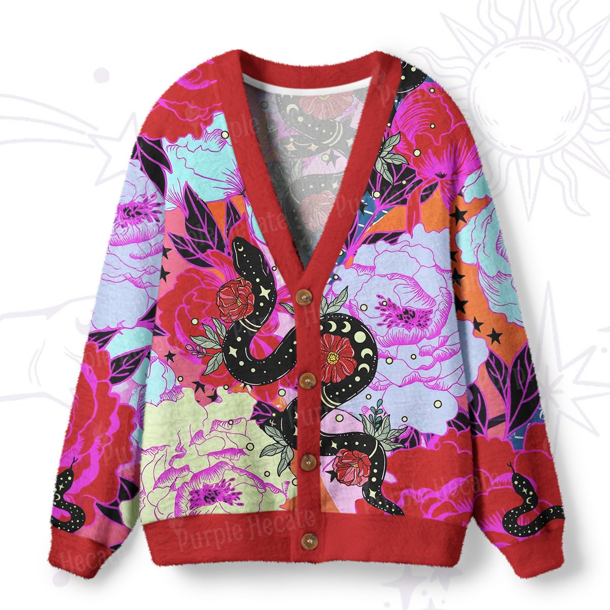 Purplehecate Enchanted Black Serpent & Floral Pattern Ugly Cardigan Sweaters