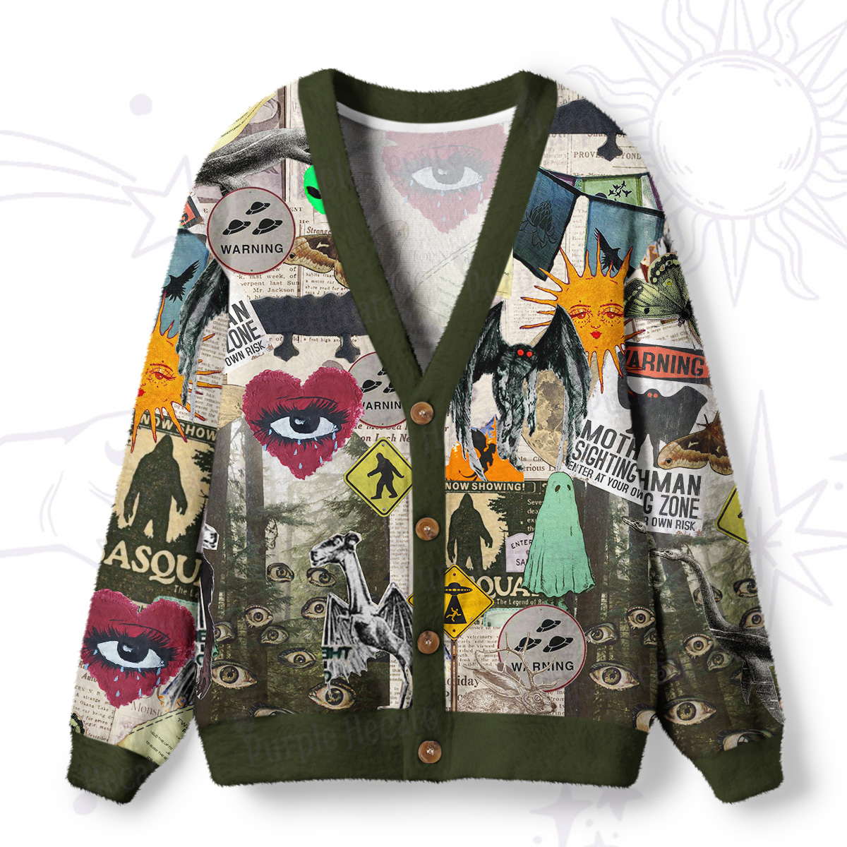 Purplehecate Cryptid Warning Collage Ugly Cardigan Sweaters