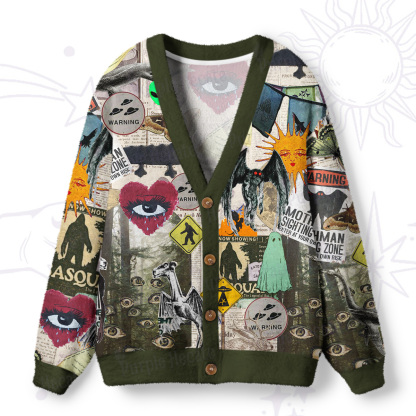Purplehecate Cryptid Warning Collage Ugly Cardigan Sweaters