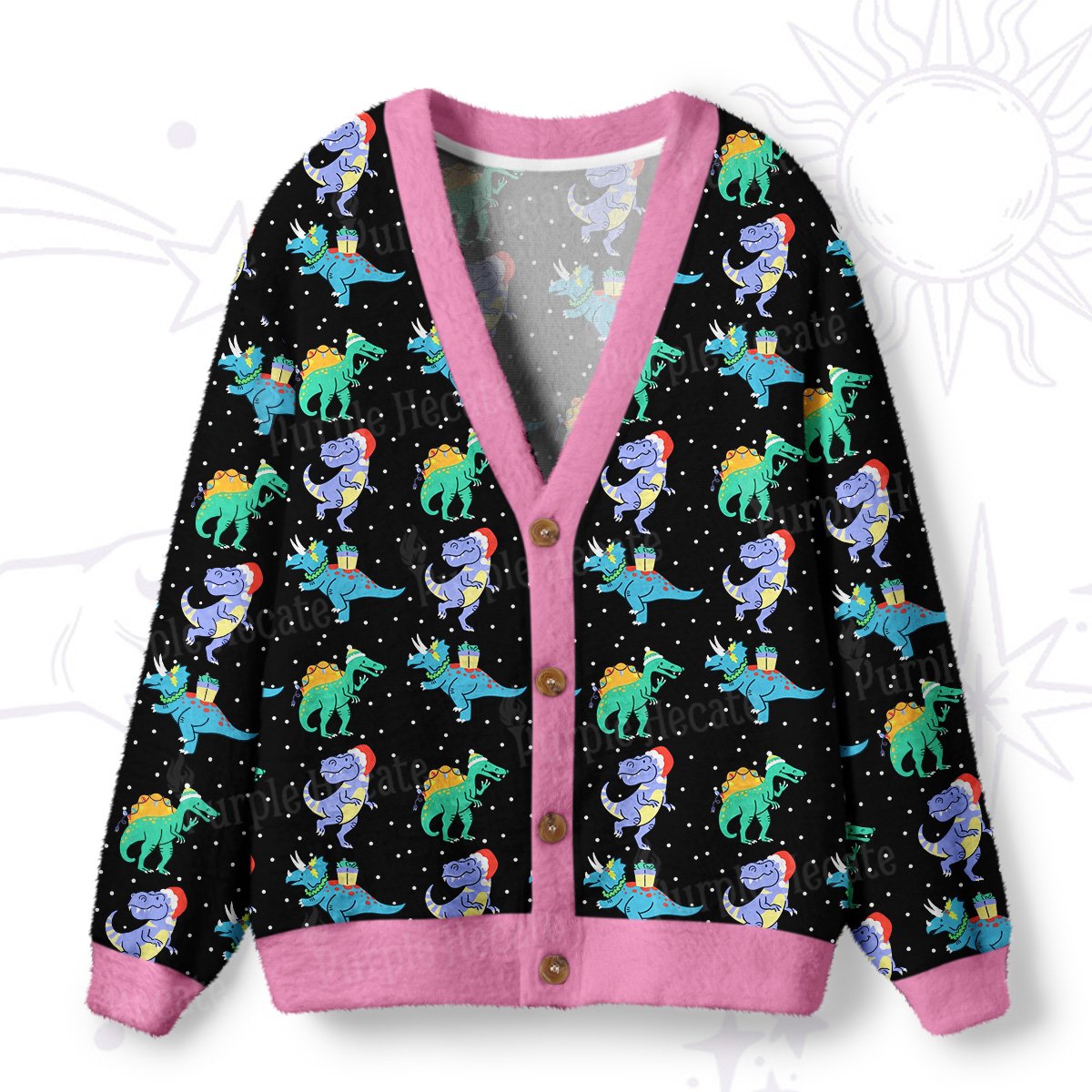 Purplehecate Funny Christmas Dinosaurs Ugly Cardigan Sweaters