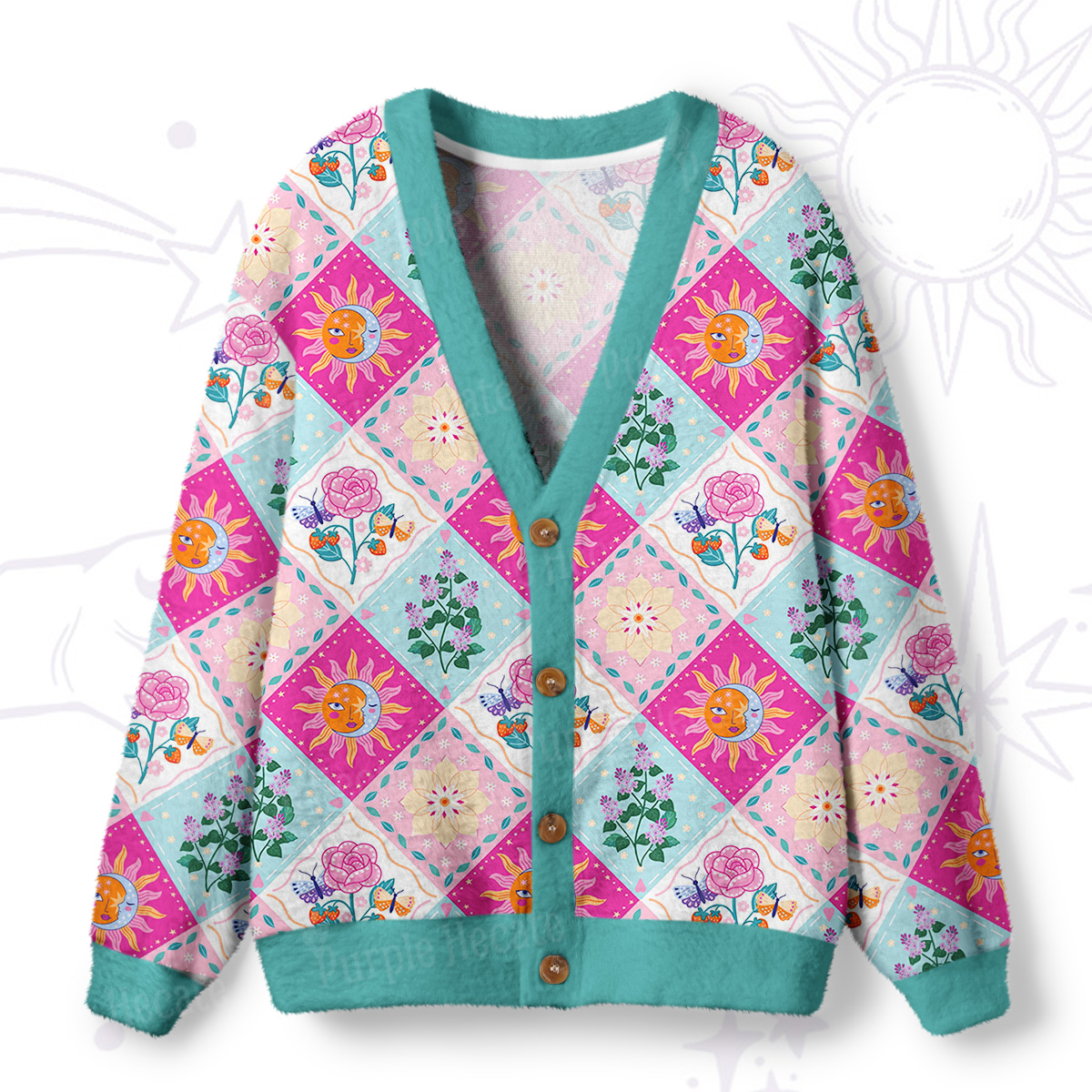 Purplehecate Celestial Sun & Moon Patchwork Ugly Cardigan Sweaters