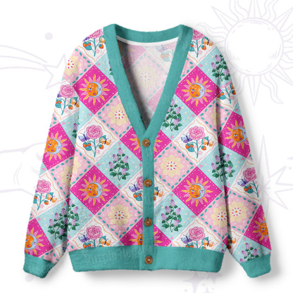 Purplehecate Celestial Sun & Moon Patchwork Ugly Cardigan Sweaters