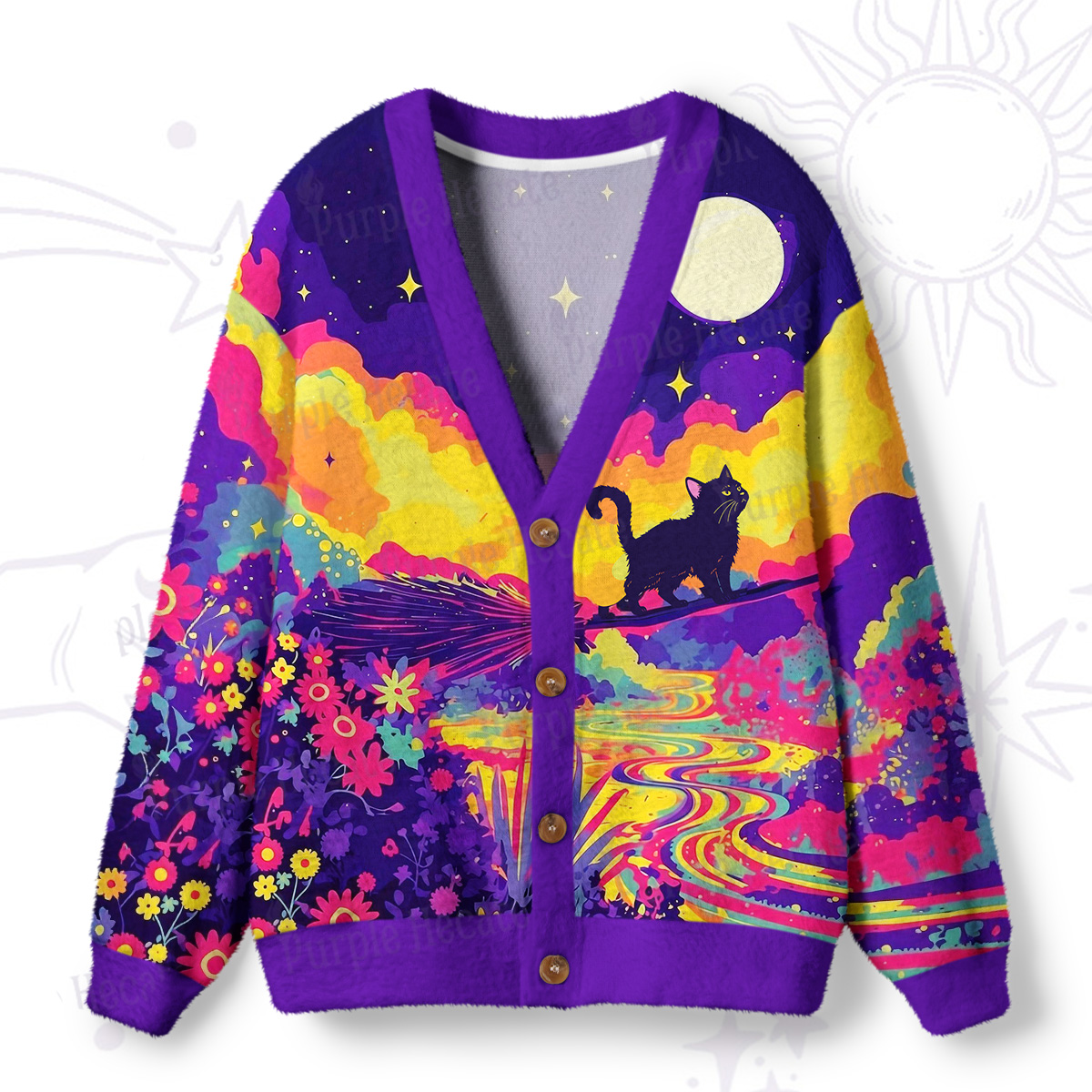 Purplehecate Midnight Cosmic Cat Fantasy Ugly Cardigan Sweaters