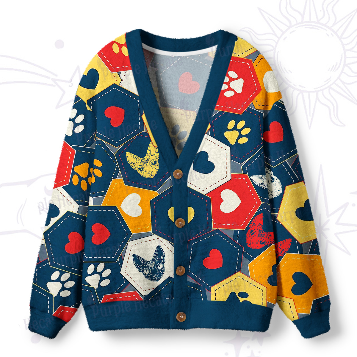 Purplehecate Whimsical Cat Paw Love Ugly Cardigan Sweaters