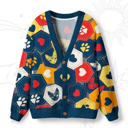 Purplehecate Whimsical Cat Paw Love Ugly Cardigan Sweaters