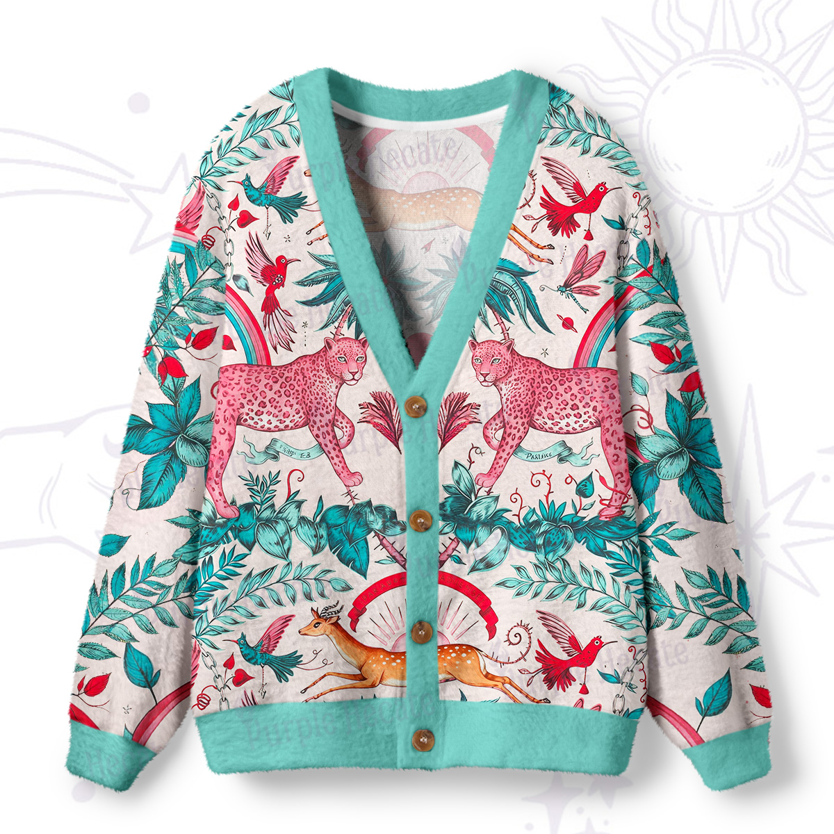 Purplehecate Enchanted Forest Pink Leopard Ugly Cardigan Sweaters