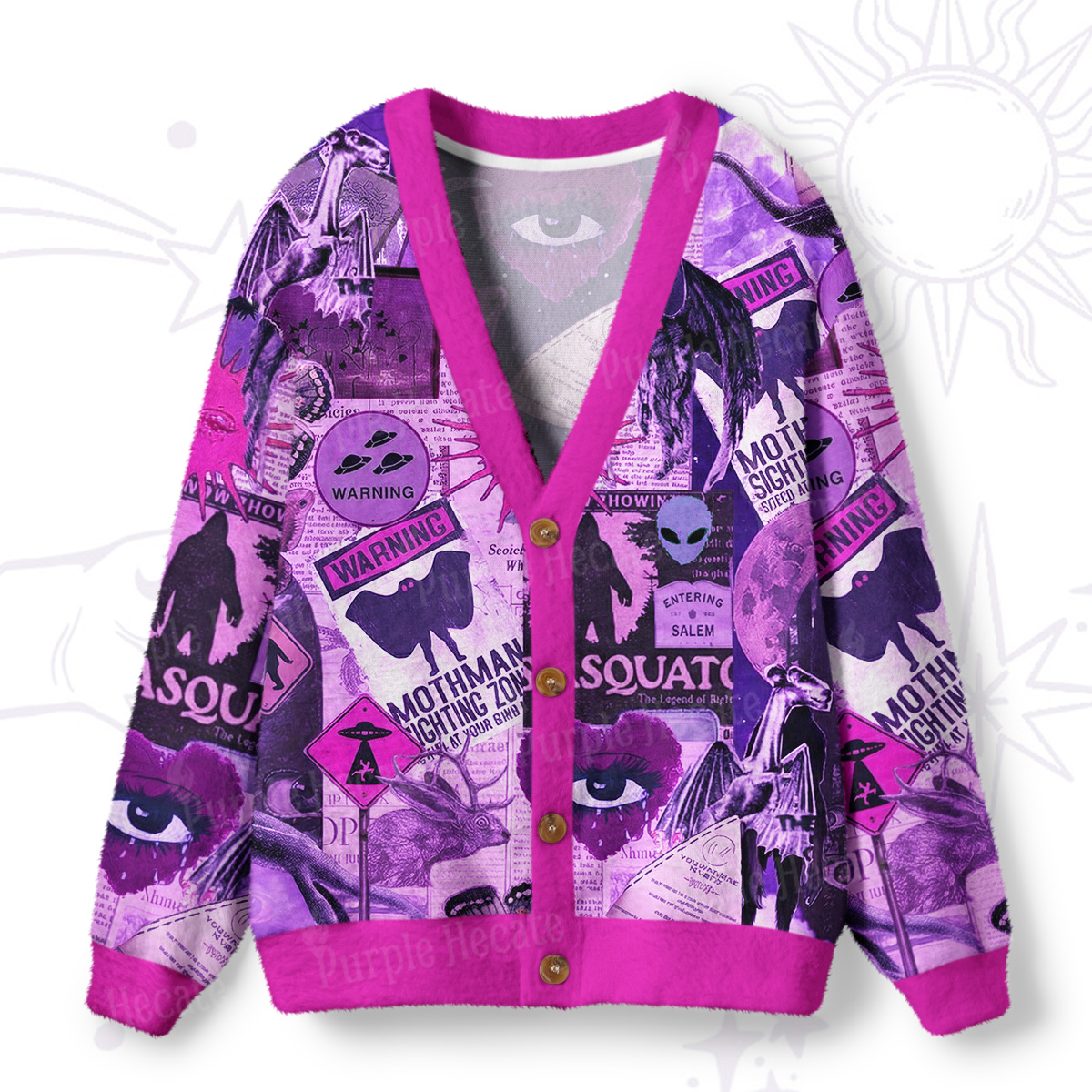 Purplehecate Cryptid Warning Collage Ugly Cardigan Sweaters