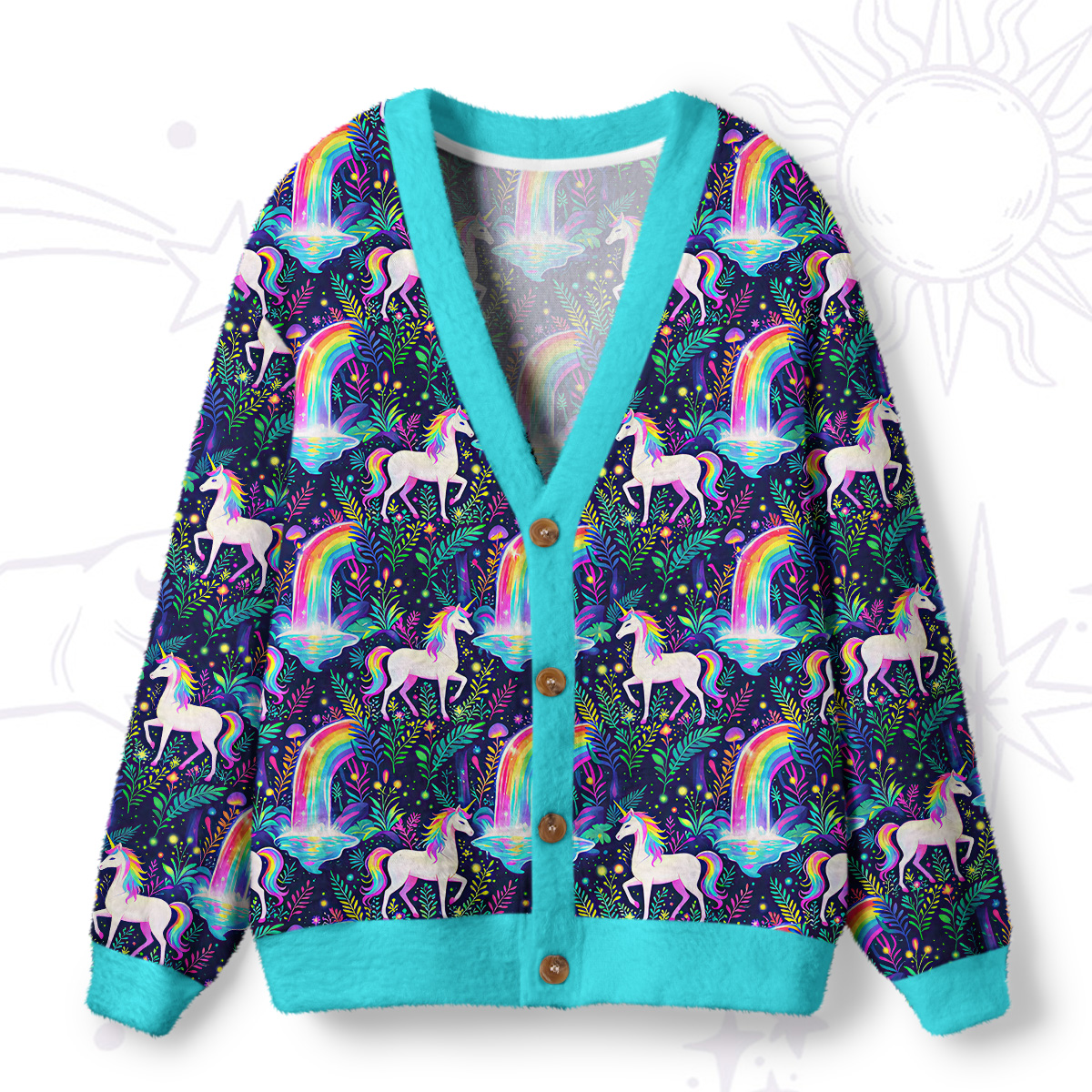Purplehecate Rainbow Forest Unicorn Magic Ugly Cardigan Sweaters