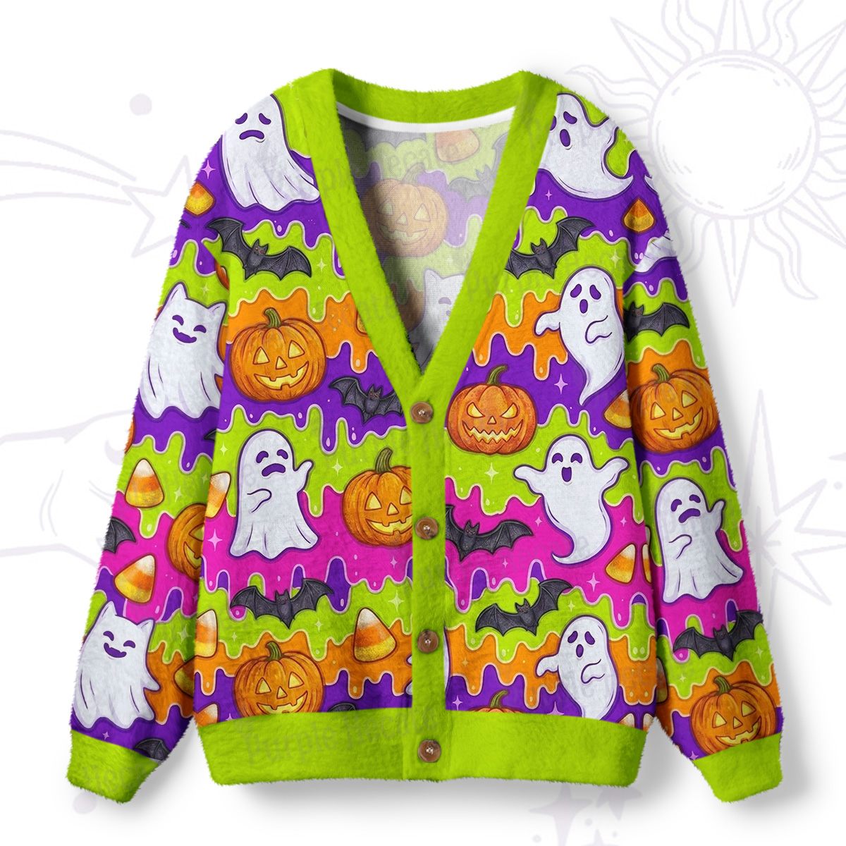 Purplehecate Halloween Ghost Jack‑o’-Lantern Ugly Cardigan Sweaters