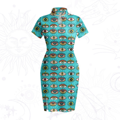 Purplehecate Evil Eye Pattern Velvet Bodycon Dress