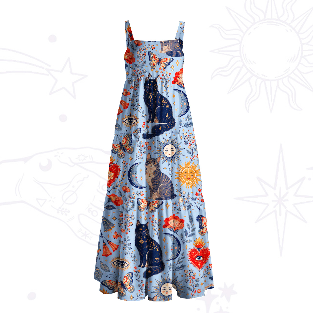 Purplehecate Cat Celestial Print Wide Straps Maxi Dress