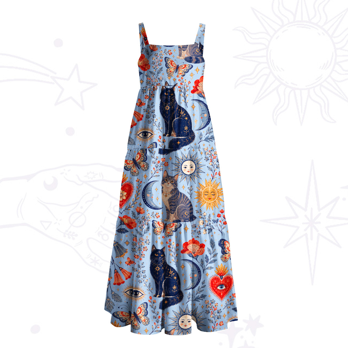 Purplehecate Cat Celestial Print Wide Straps Maxi Dress