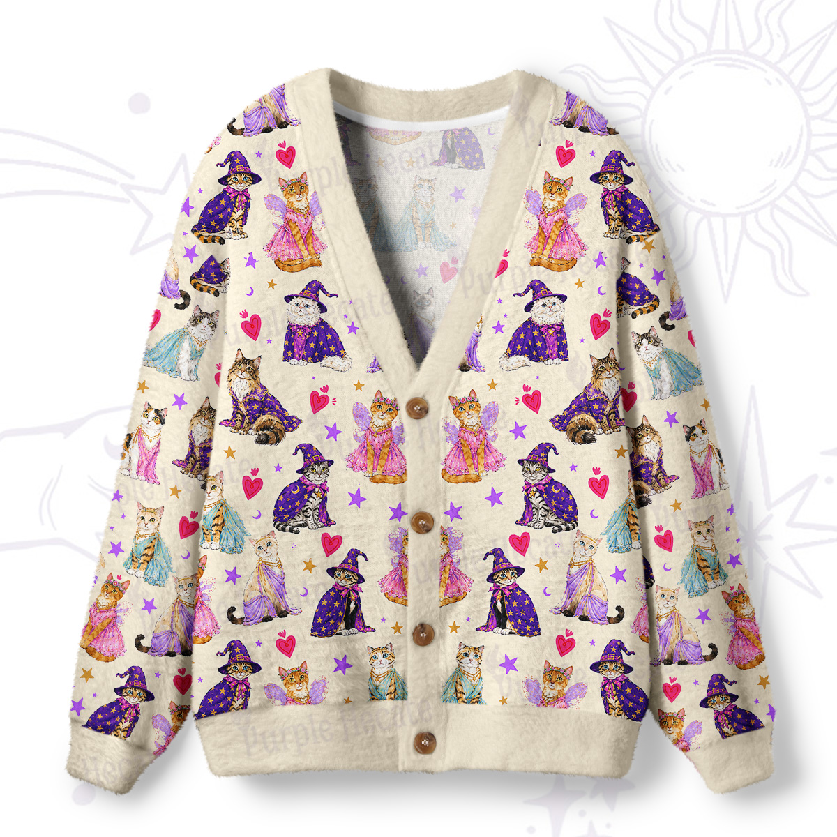 Purplehecate Enchanted Sorcerer Cats  Ugly Cardigan Sweaters