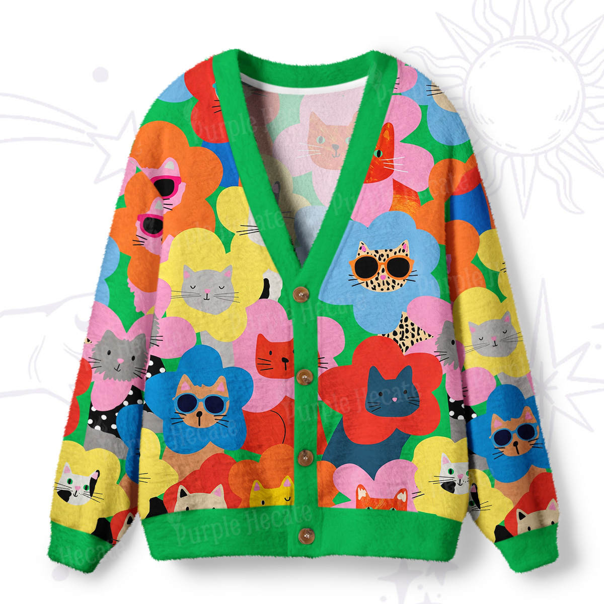 Purplehecate Rainbow Cat Faces Garden Ugly Cardigan Sweaters