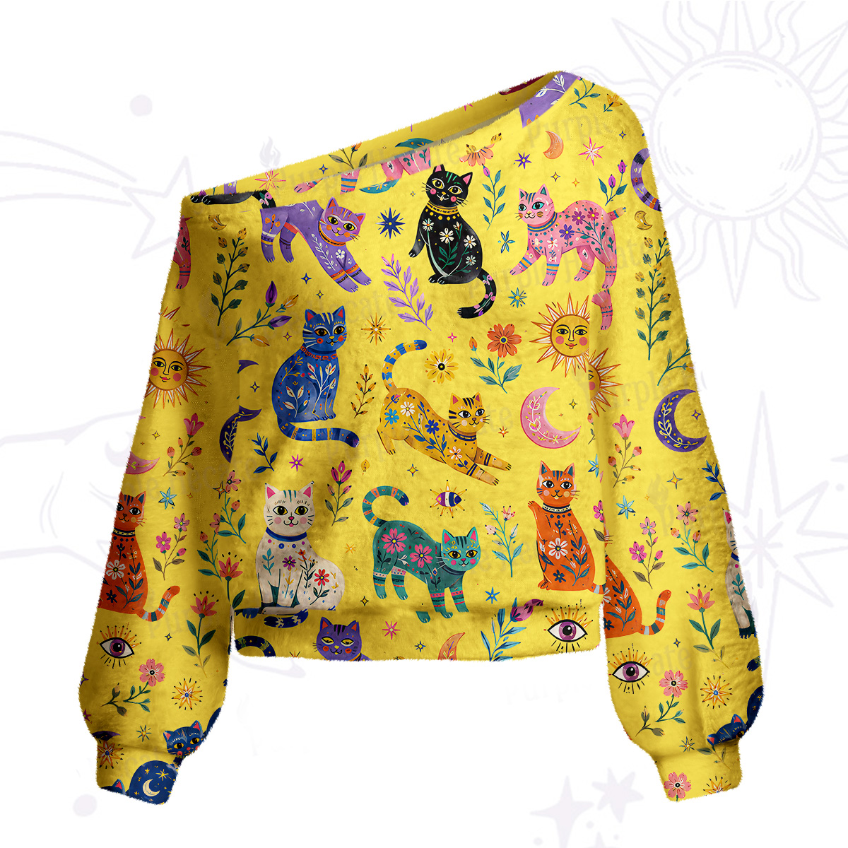 Purplehecate Rainbow Magic Cats One Shoulder Sweaters