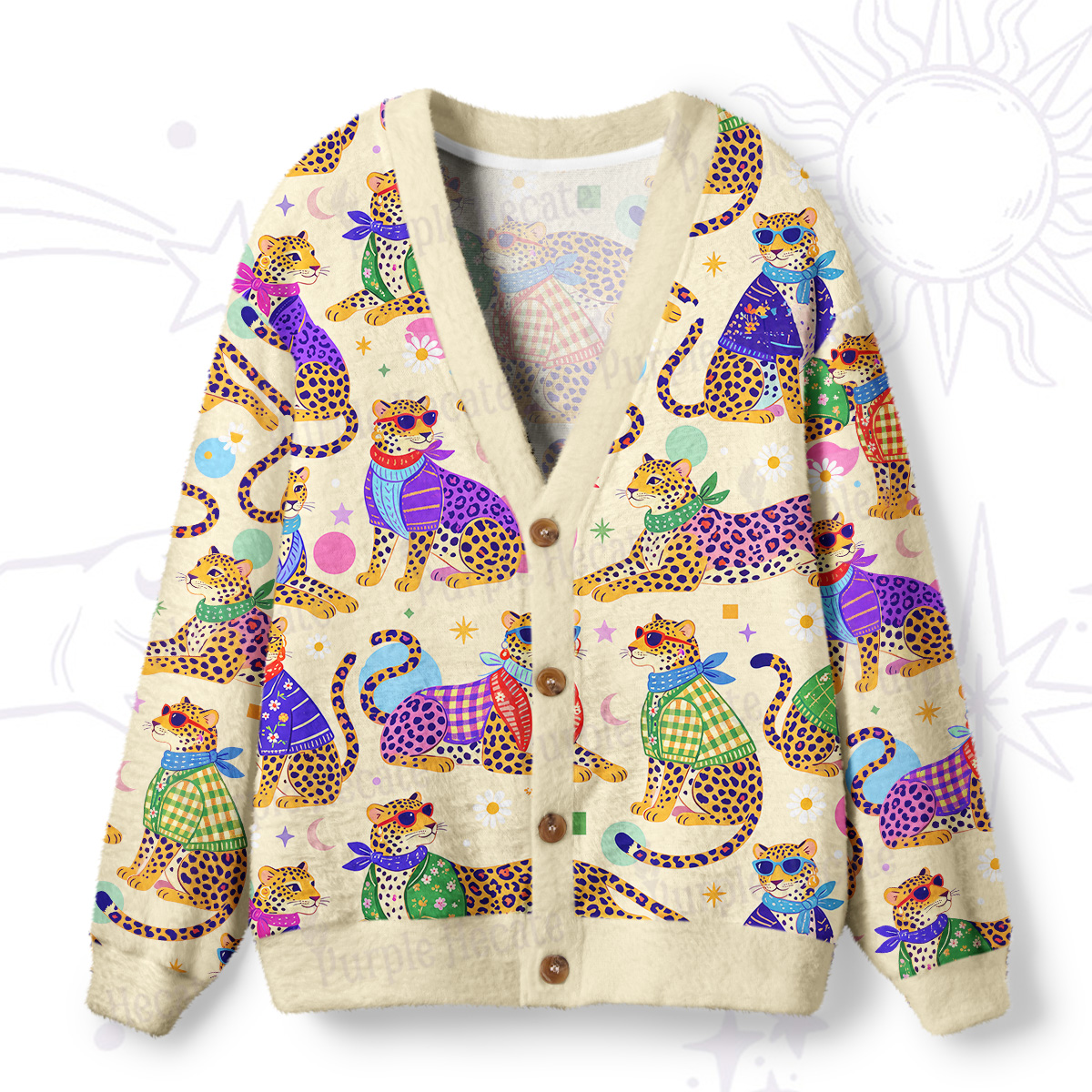 Purplehecate Groovy Jungle Rainbow Leopards Ugly Cardigan Sweaters