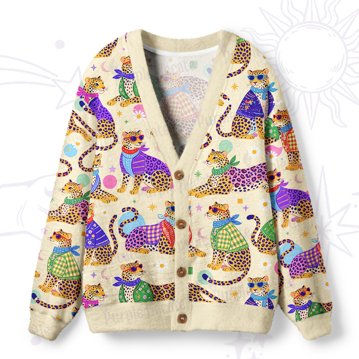 Purplehecate Groovy Jungle Rainbow Leopards Ugly Cardigan Sweaters