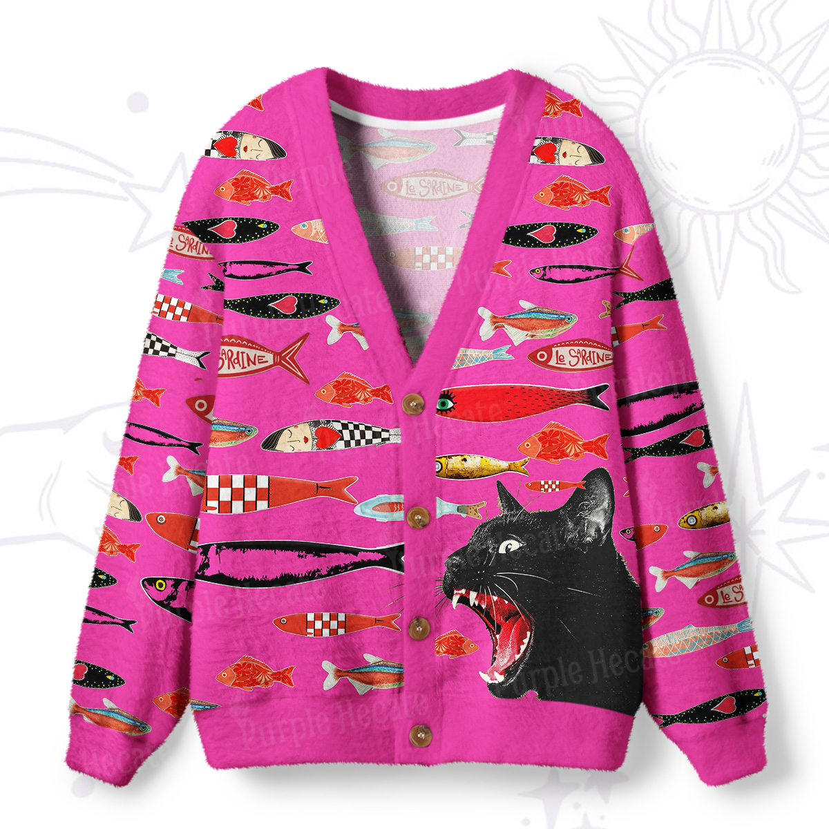 Purplehecate Mystic Black Cat Canned Fish Ugly Cardigan Sweaters