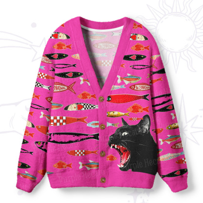 Purplehecate Mystic Black Cat Canned Fish Ugly Cardigan Sweaters