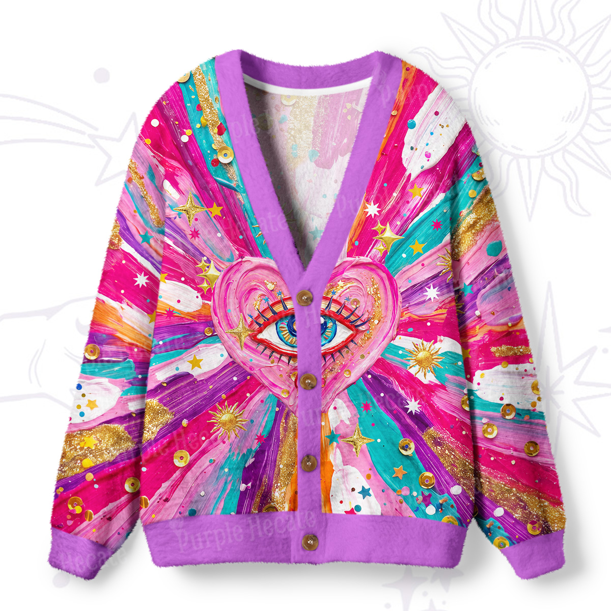Purplehecate Starlit Third-Eye Heart Ugly Cardigan Sweaters