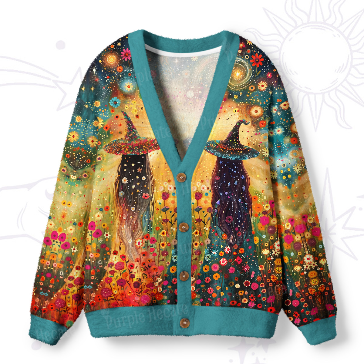 Purplehecate Starlit Flower Field Twin Witches Ugly Cardigan Sweaters