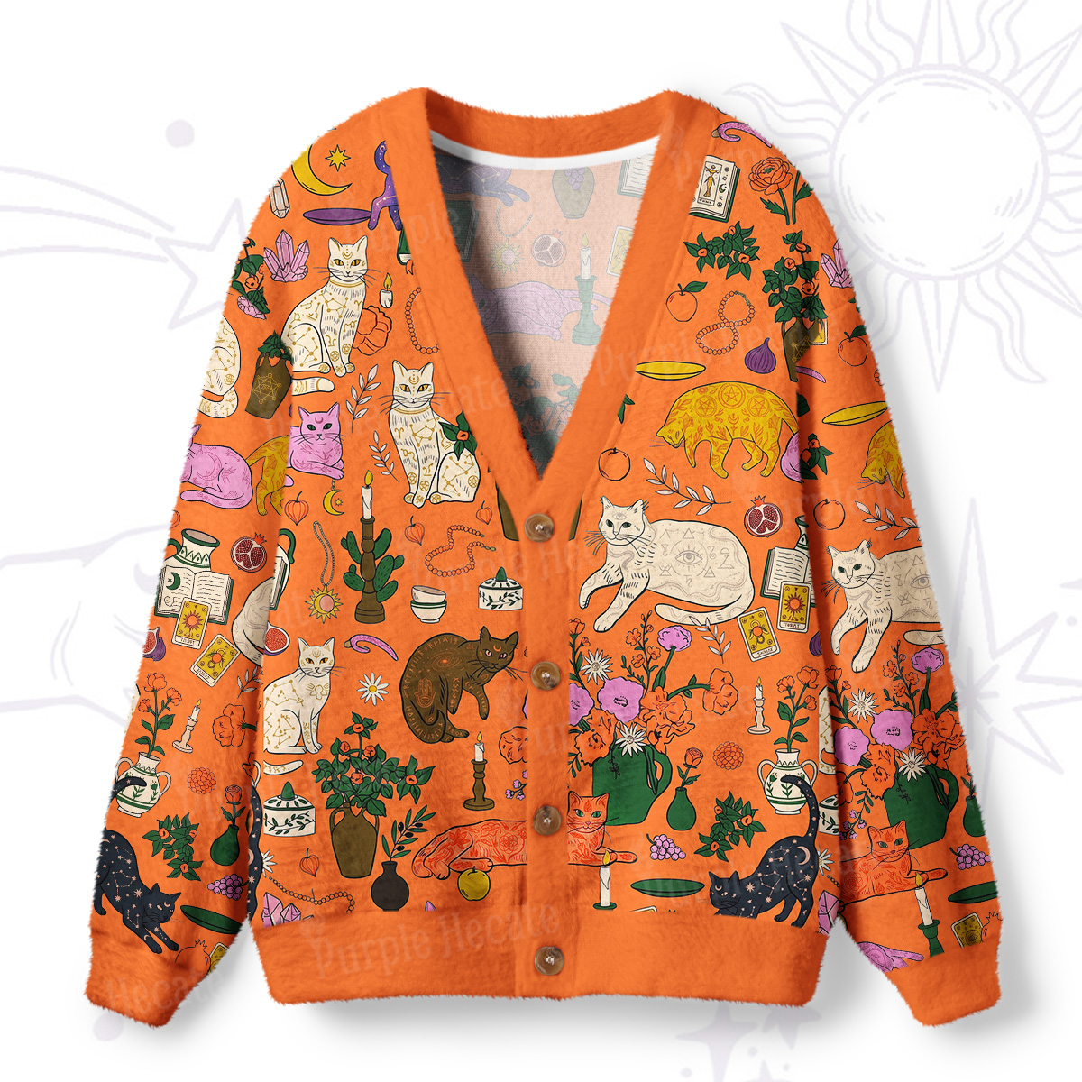 Purplehecate Lazy Cats in the Flower House Ugly Cardigan Sweaters