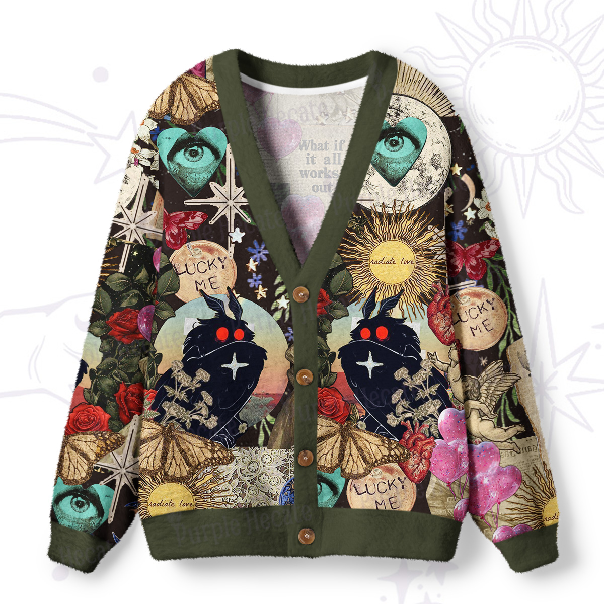 Purplehecate Cryptid Mothman Vintage Collage Ugly Cardigan Sweaters